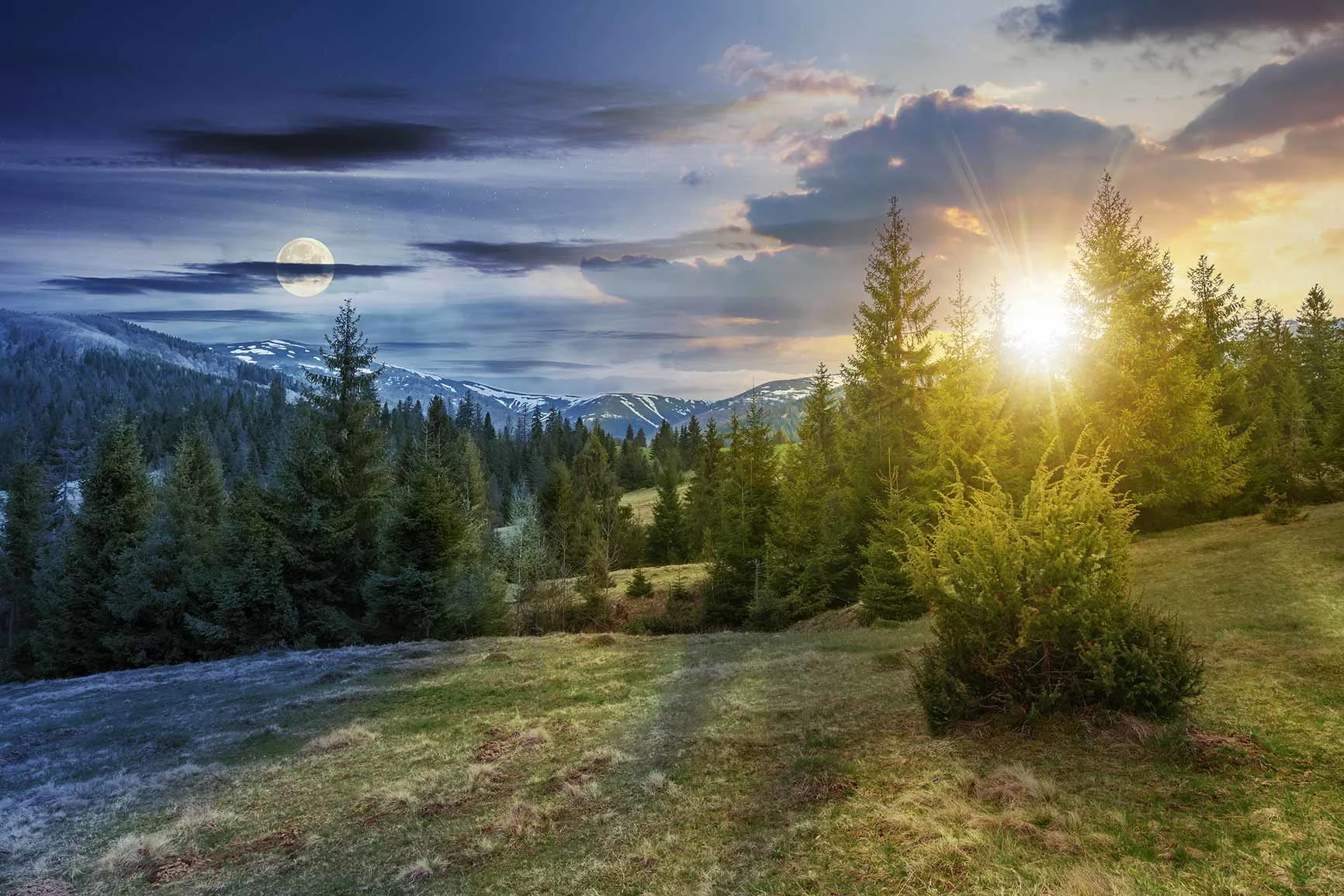Forest landscape with mountains, sun on the right above trees, moon on the left in the sky, split light in the picture.