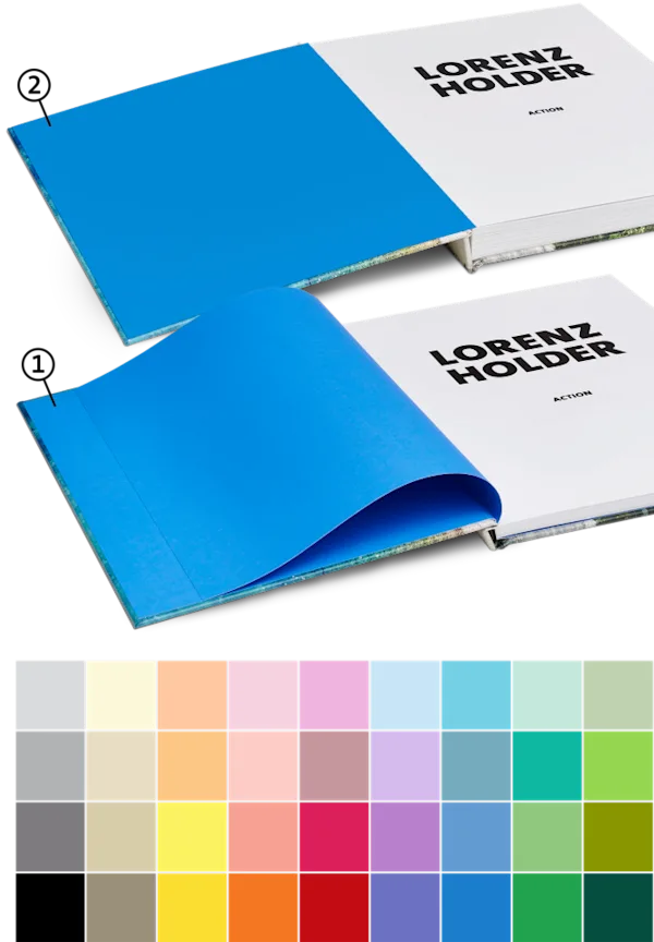 Dos libros fotográficos abiertos con páginas interiores azules y una selección de 36 colores debajo.