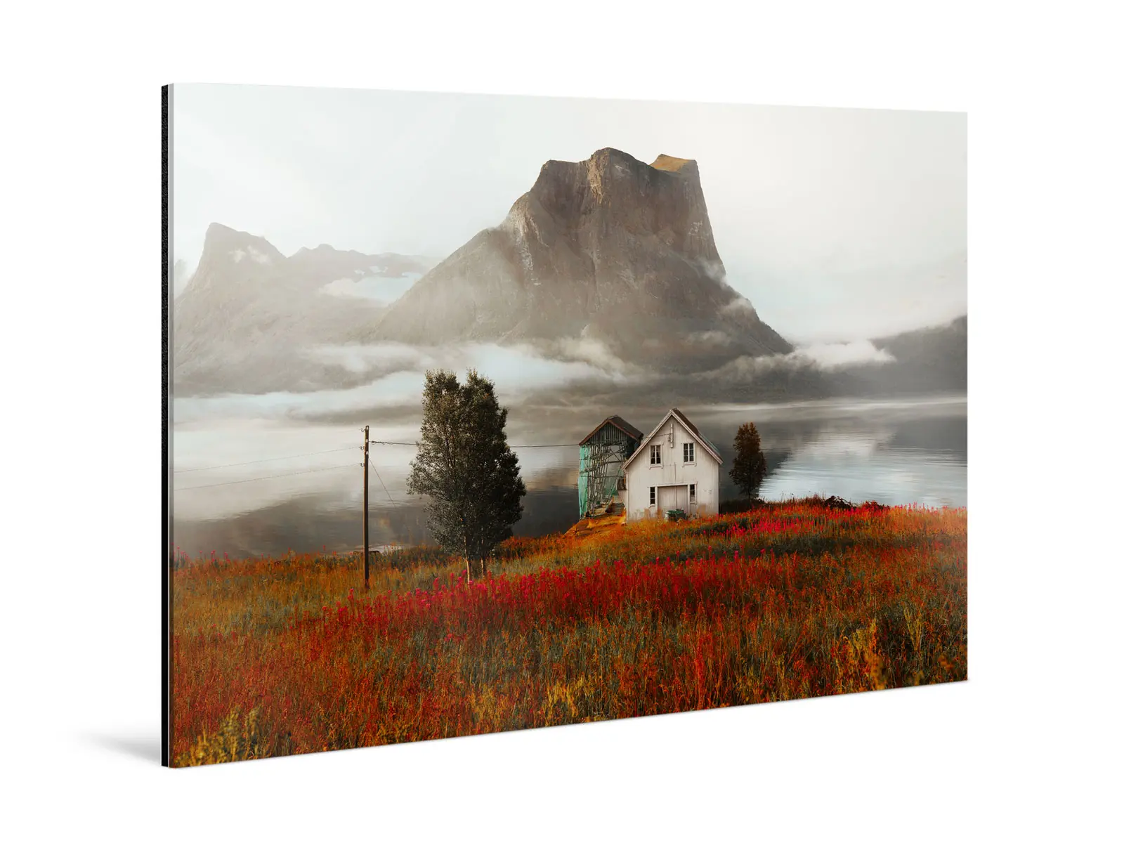 A country house in front of a mountain as original photo print under matte acrylic glass.