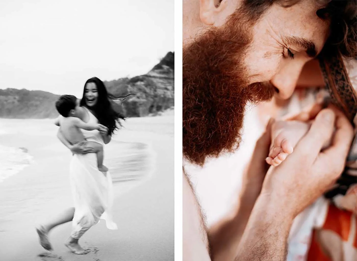 on the left smiling woman holding her baby on a beach, on the right bearded man holding the small foot of his baby.