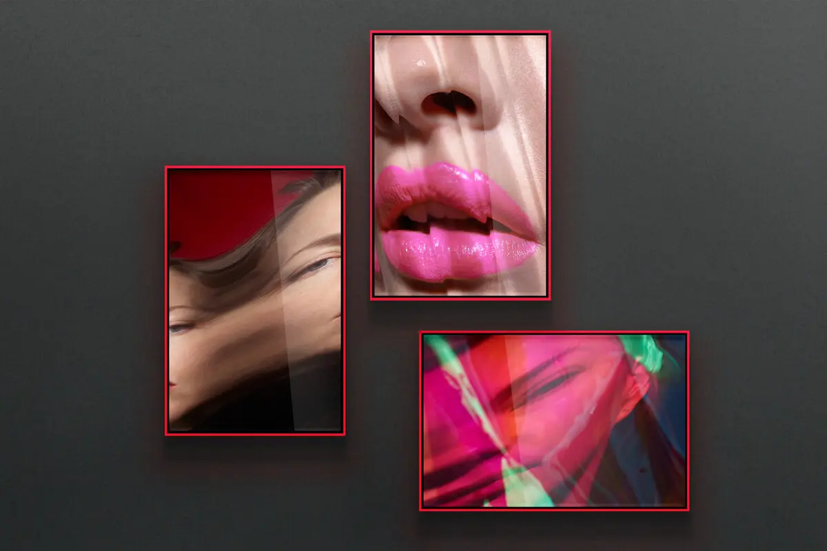 blurry distorted colorful faces, facial features with neon red pop art frame.