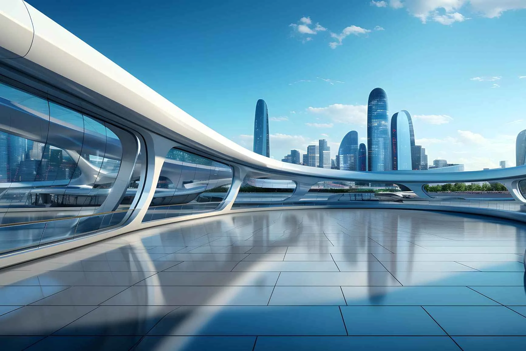 Futuristische Stadtansicht mit geschwungenen, weißen Brücken und hohen, modernen Wolkenkratzern im Hintergrund.