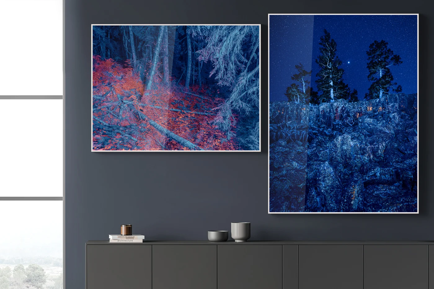 Blue fluorescent landscapes, on left picture with trees and red foliage, on right picture with stone, trees and night skye.