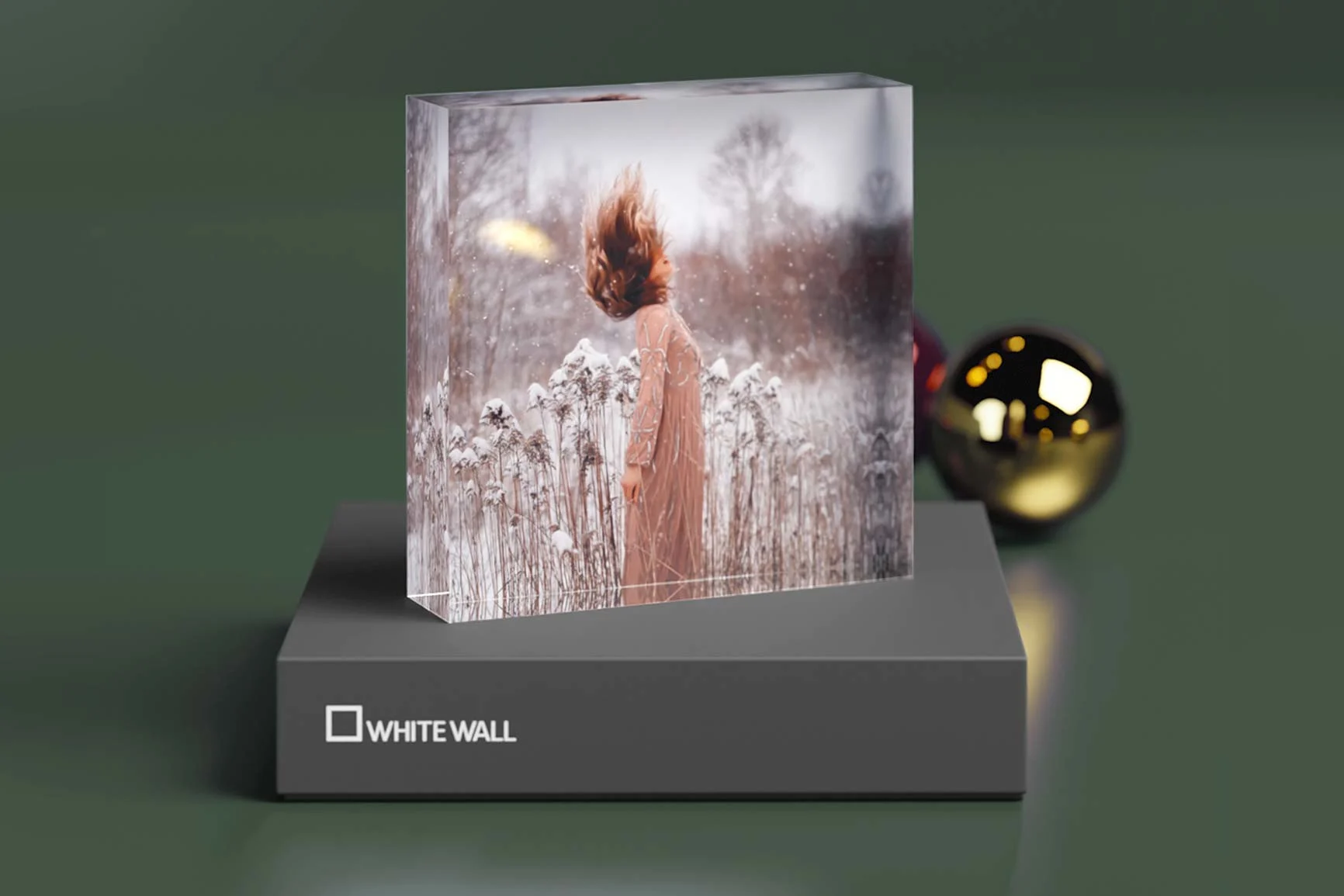 Foto-Acrylblock mit einer Winterszene, die eine Figur in rosa Kleid vor einem verschneiten Wald zeigt.