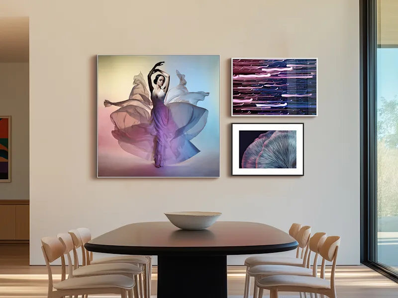 Various color dazzling images as Acrylic ultraHD Metallic Prints on a wall.