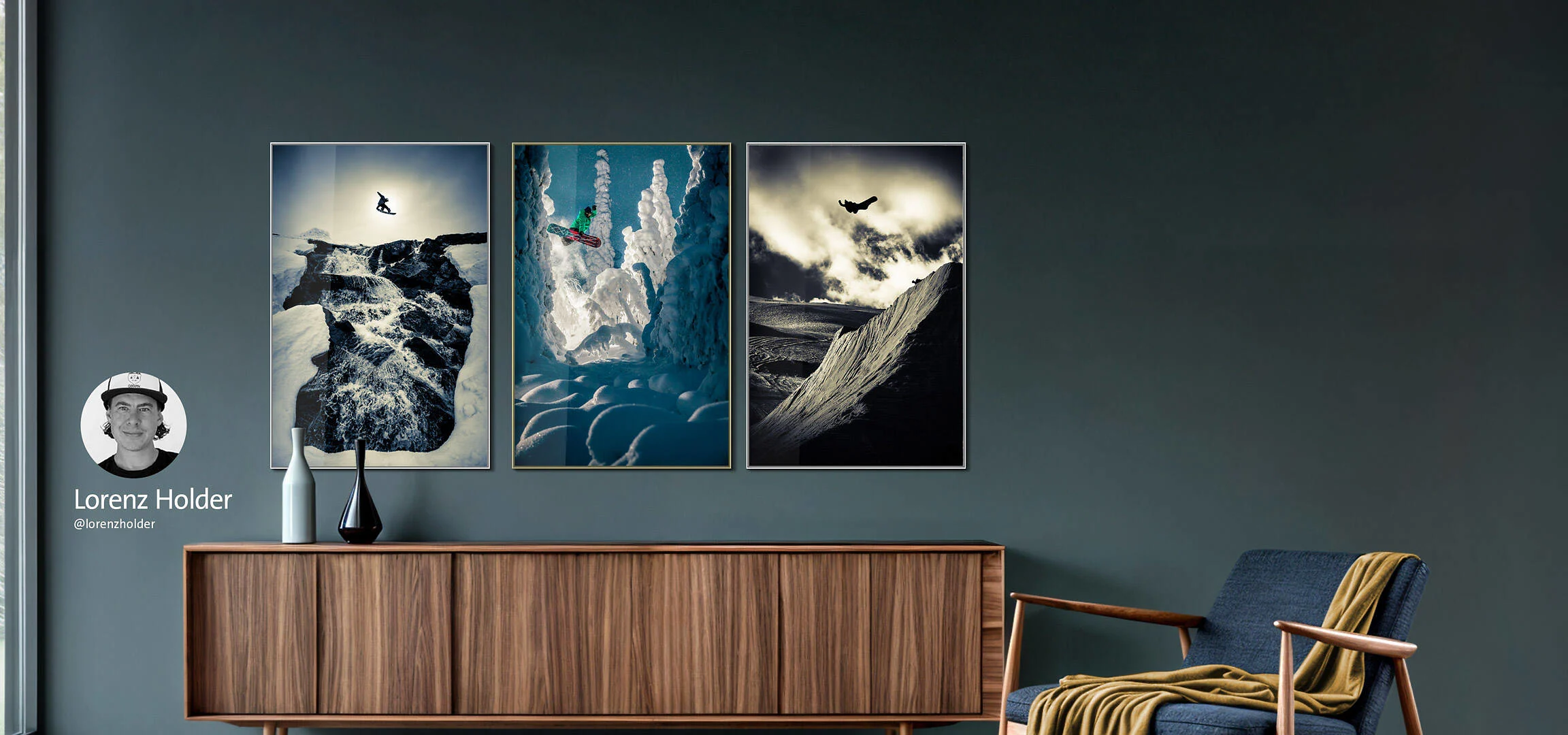 A living room wall with pictures from Lorenz Holder 