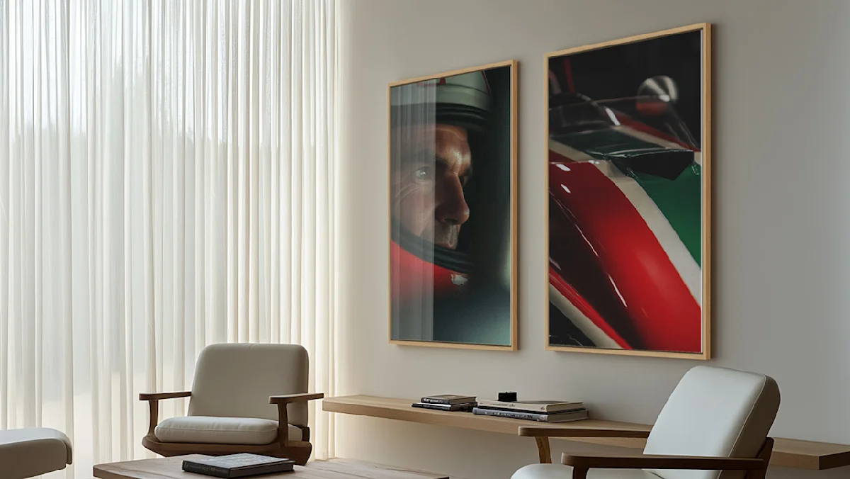 Modernes Büro mit zwei großen Rennsport-Kunstwerken in Holzrahmen, beigen Sesseln und durchsichtigen weißen Gardinen