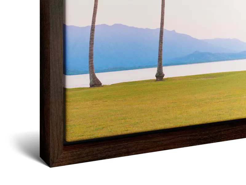 Impression sur toile encadrée en bois foncé représentant deux grands palmiers sur une pelouse verte, au bord d’une eau bleue et calme, avec des montagnes à l’arrière-plan.