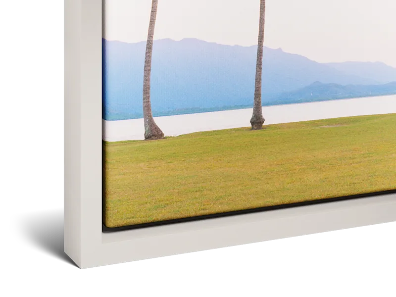 Une impression sur toile encadrée représentant deux grands palmiers sur une pelouse verte, au bord d’une eau bleue et calme, avec des montagnes au loin.