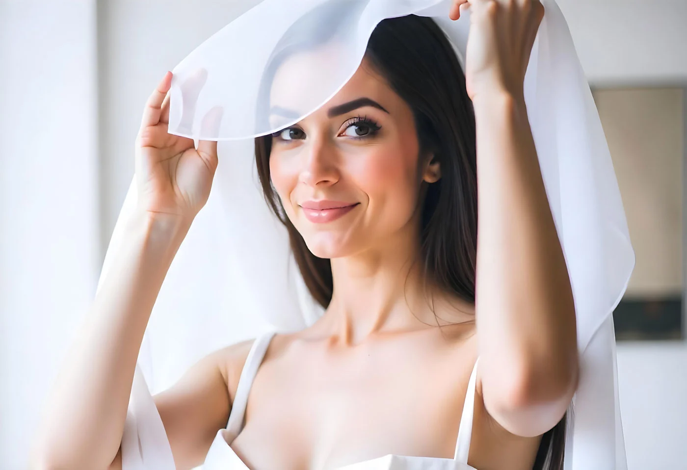 Woman in a white strapless dress lifts a white veil over her head.