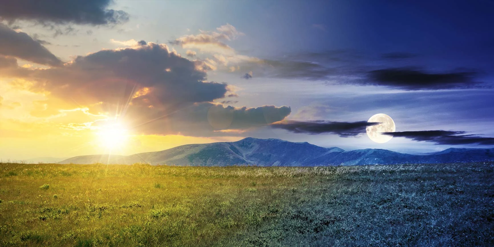 Landscape with meadow and mountains in the background, sunset on the left, full moon visible in the sky on the right.