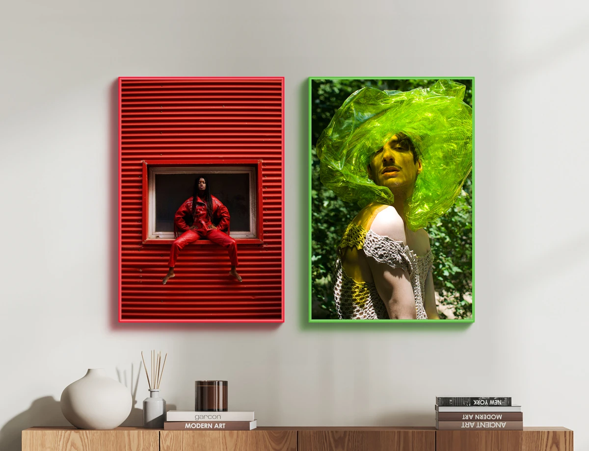 colorful portraits with red and green color scheme.