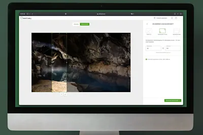 Computer screen shows image editing program with cave photo and editing tools.