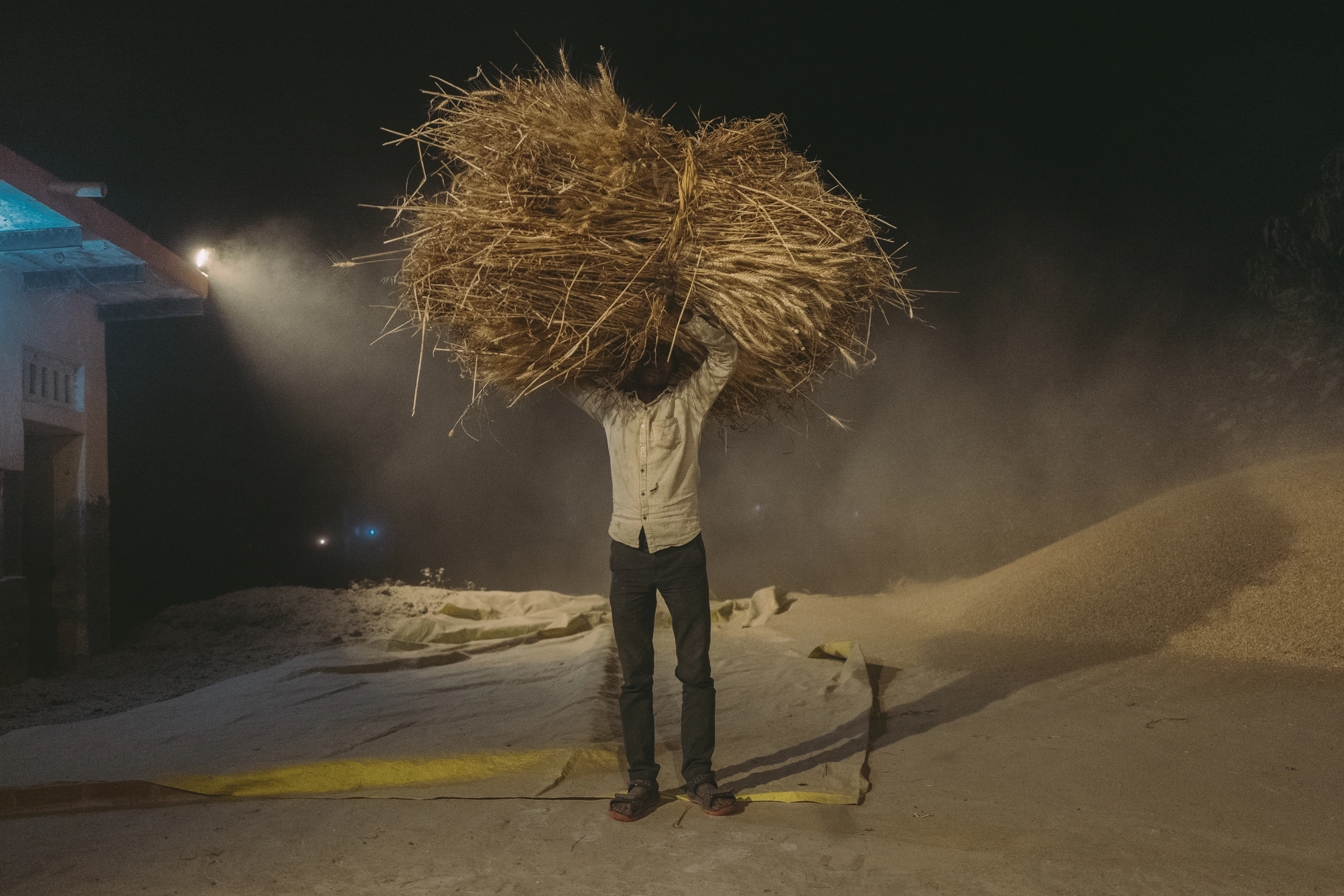 portrait of a man holding a large bale of hay over his head.