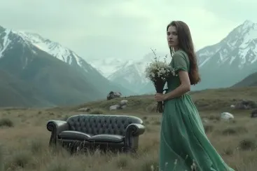 Woman in a green dress holding a bouquet of flowers standing in a meadow on a mountain, next to a dark leather sofa.