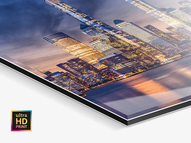 Close-up of a skyline as an ultraHD photo print under acrylic glass.