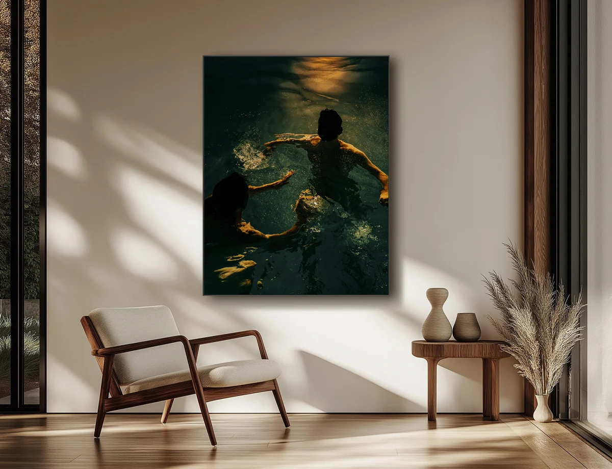 2 people swimming in the water, shady, silhouettes.