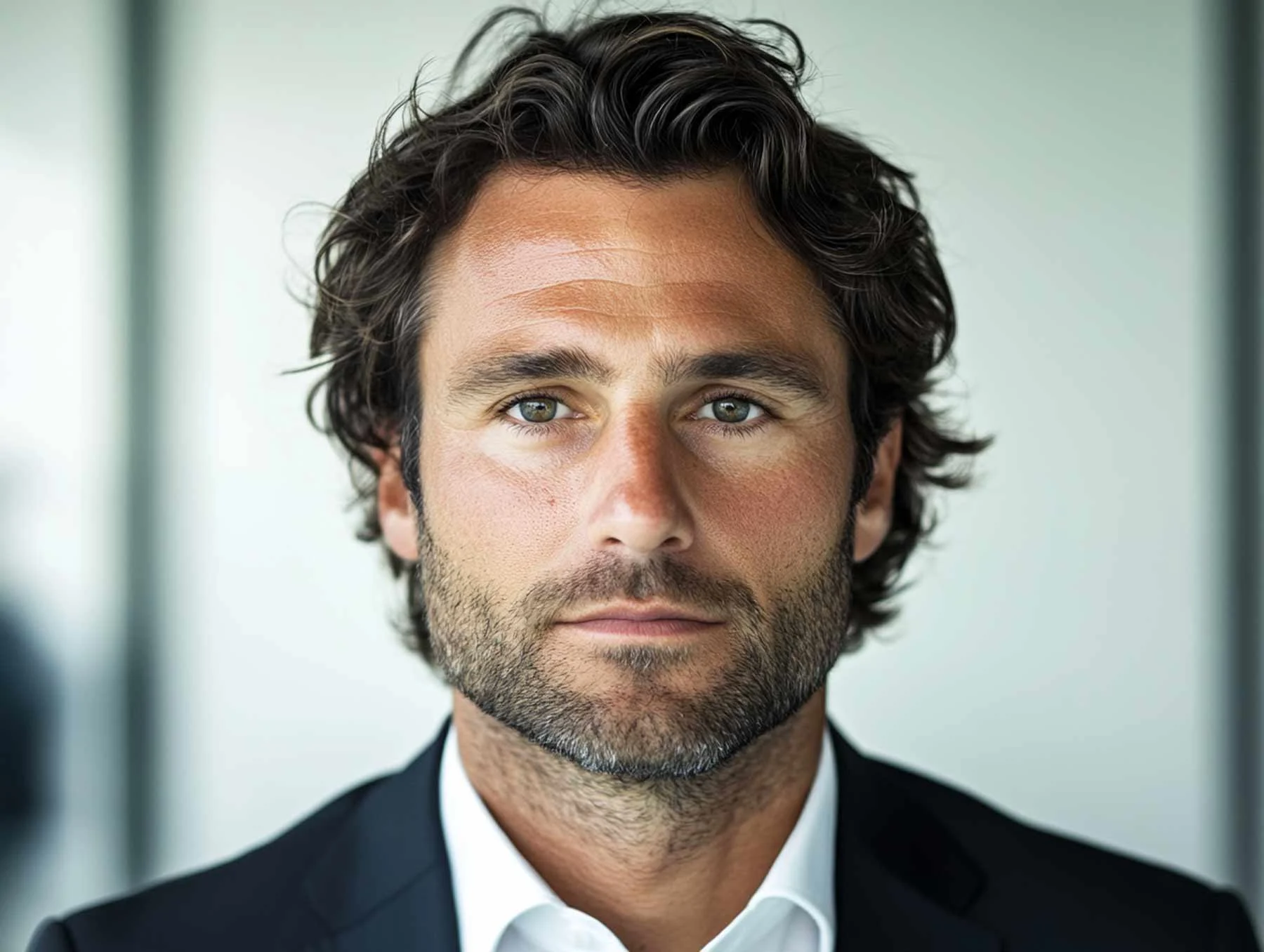 Man with dark, curly hair wearing a white shirt collar and black suit, in front of a blurred background.