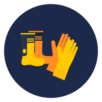 Icon depicting safety gear, including a pair of yellow gloves and orange and yellow rubber boots, on a dark blue circular background.