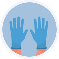 Icon of two hands wearing blue surgical gloves, palms facing up, against a circular light blue background.