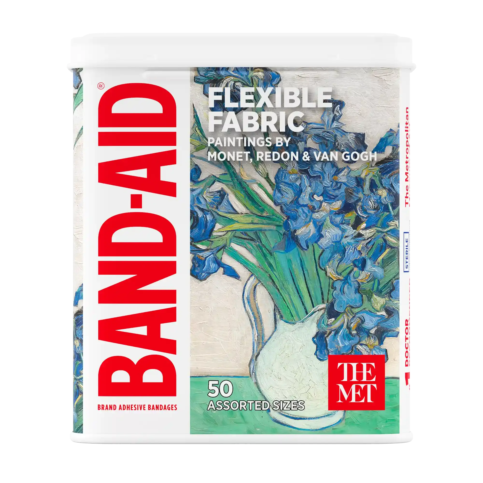 Front pack shot of BAND-AID® Brand Adhesive Bandages, Paintings by Monet, Redon & Van Gogh, Assorted 50 ct