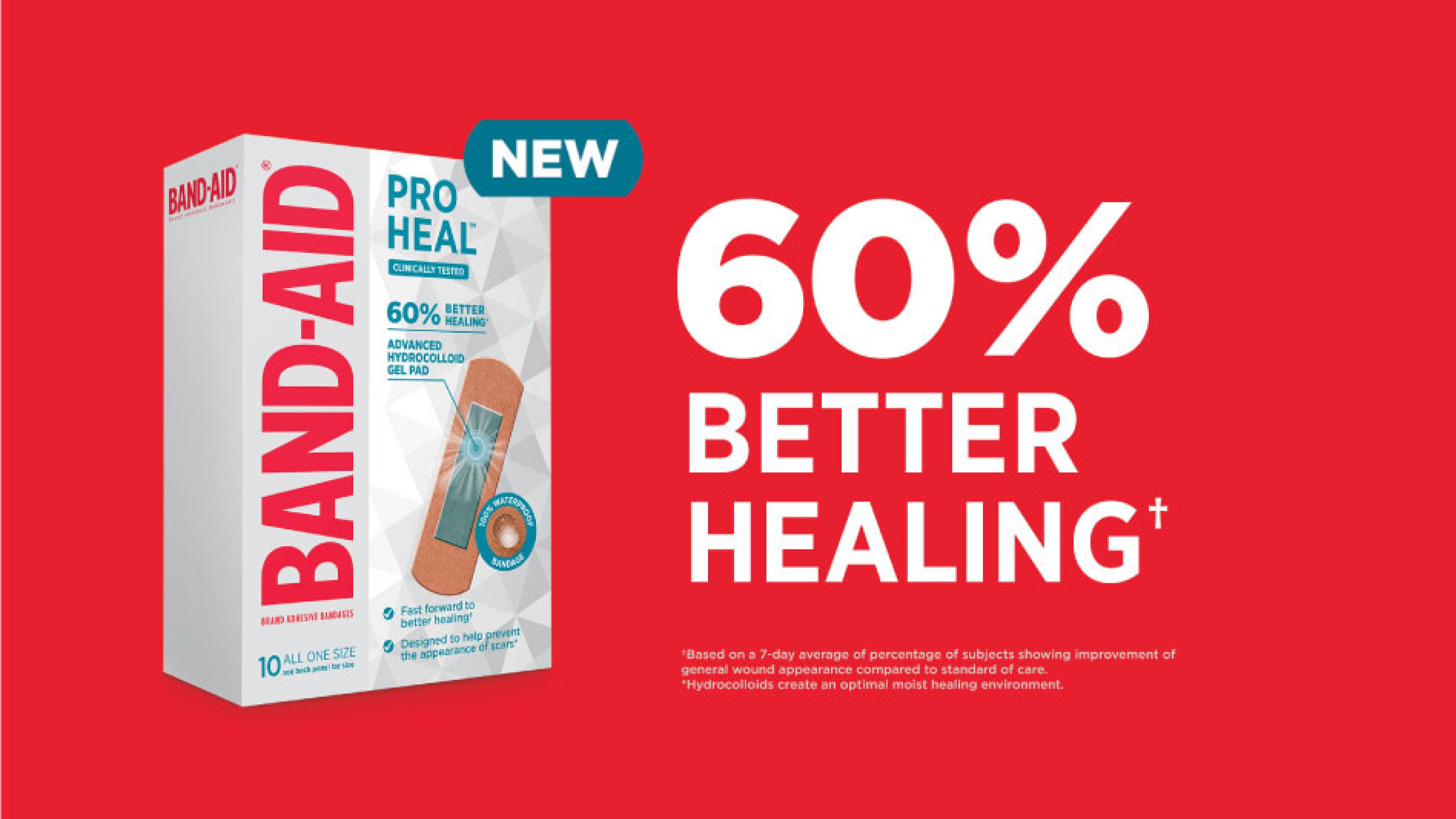 Band-Aid Pro Heal adhesive bandages box image with 60% Better Healing headline