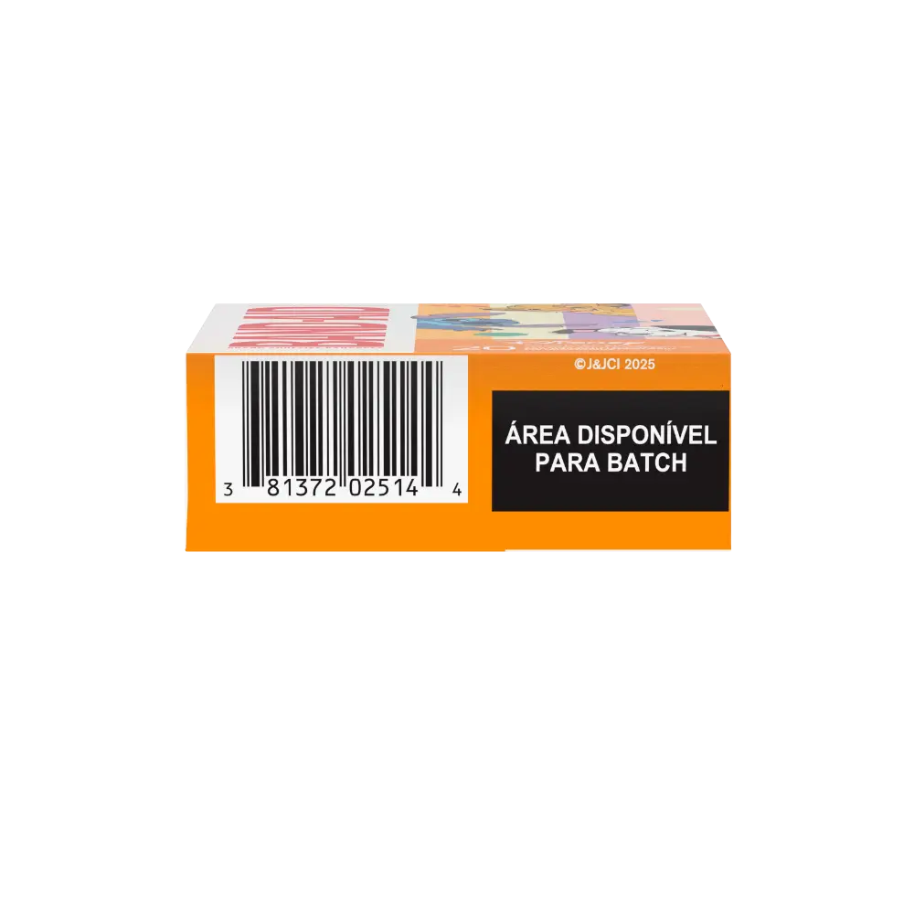 A snapshot of the base of an orange box shows a barcode (3 81372'02514 4) and a black rectangle for batch details, labeled in Portuguese as "ÁREA DISPONÍVEL PARA BATCH." A copyright emblem and the year 2025 are also present.