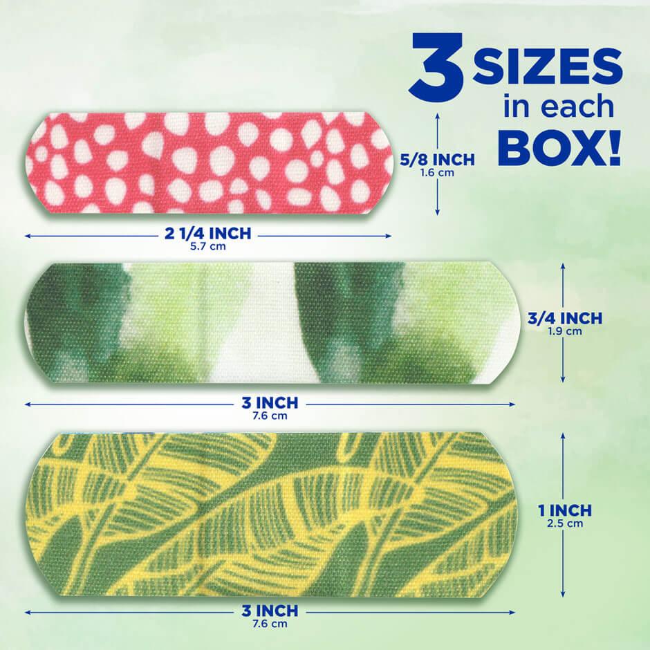 Measurements of the three different bandage sizes that come in each box