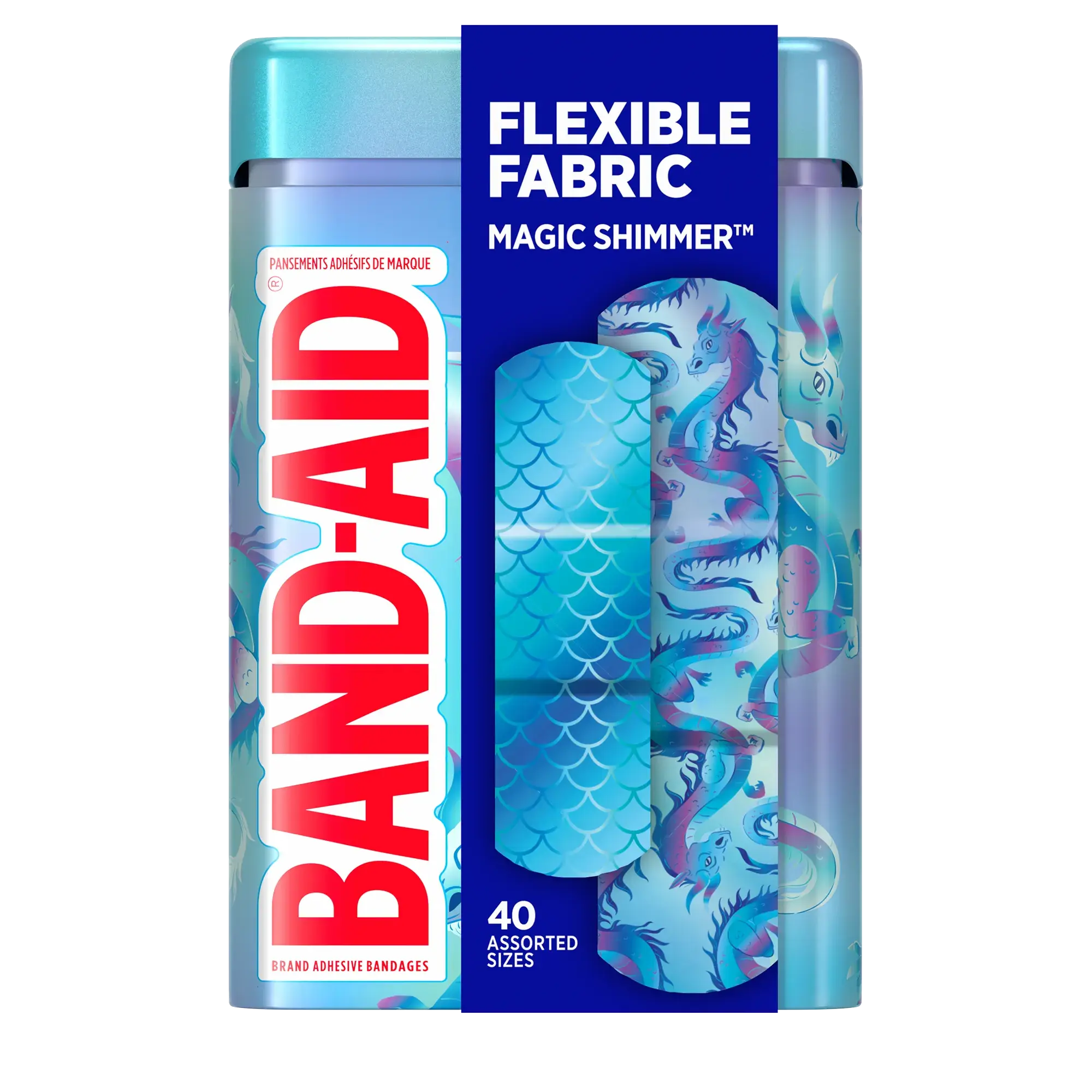 Front pack shot of BAND-AID® Brand Flexible Fabric Magic Shimmer Tin 40ct