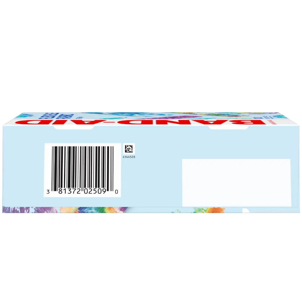 A Band-Aid Brand bandage box in light blue close-up shot. It's got everything you need to know—a barcode, product number (3 81372 02509 0), and even a QR code. You can see a bit of the fun Band-Aid design peeking out at the bottom.