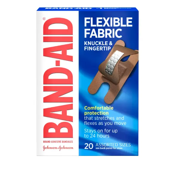 Band-Aid Flexible Fabric bandages, knuckle and fingertip design, 20 assorted sizes. Provides comfortable protection that stretches and flexes as you move, lasting up to 24 hours.