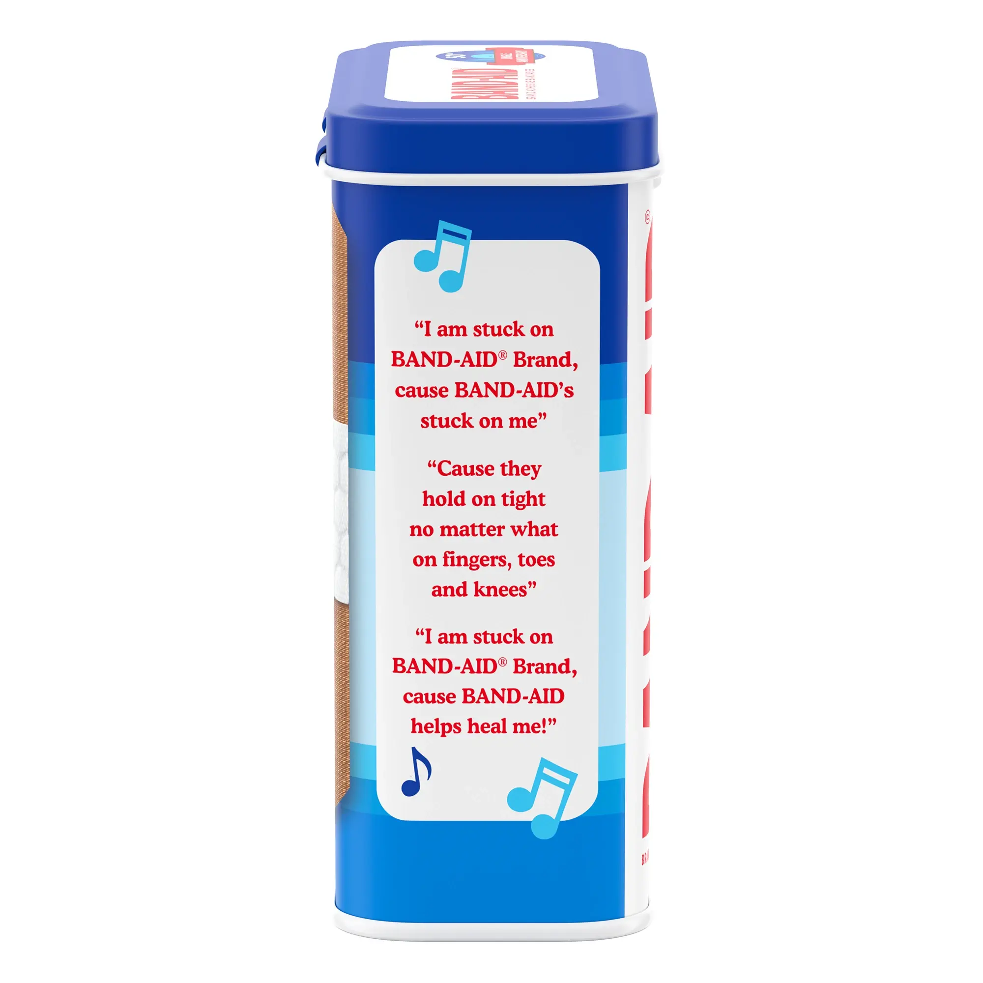 BAND-AID ® Brand Flexible Fabric Adhesive Bandages in a collectable Jingle Anniversary metal tin side of package