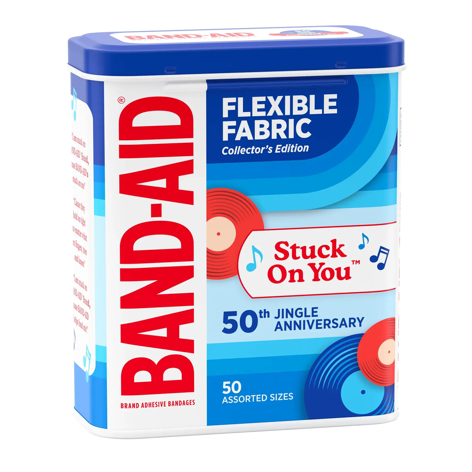 BAND-AID ® Brand Flexible Fabric Adhesive Bandages in a collectable Jingle Anniversary metal tin front of package
