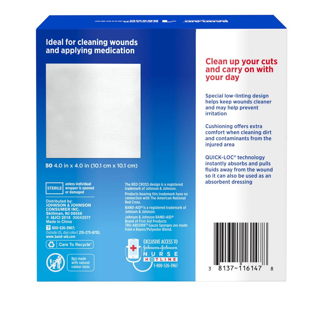 BAND-AID® Brand TRU-ABSORB™ Gauze Sponges package back