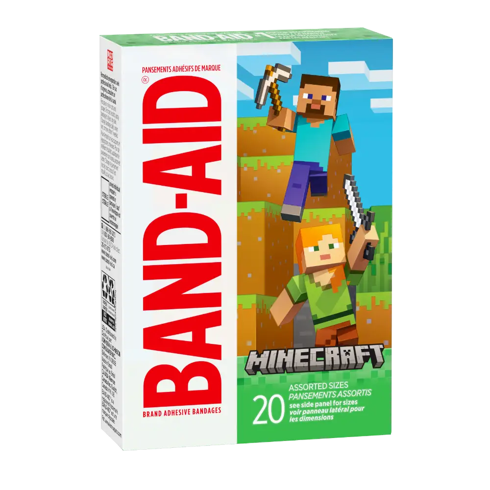 A pack of Band-Aid brand adhesive bandages with our pixelated pals Steve and Alex from Minecraft, donning a green box with the game's logo. You've got 20 bandages in there, in all shapes and sizes.