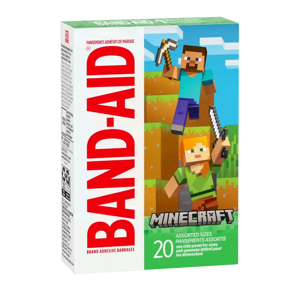 A pack of Band-Aid brand adhesive bandages with our pixelated pals Steve and Alex from Minecraft, donning a green box with the game's logo. You've got 20 bandages in there, in all shapes and sizes.