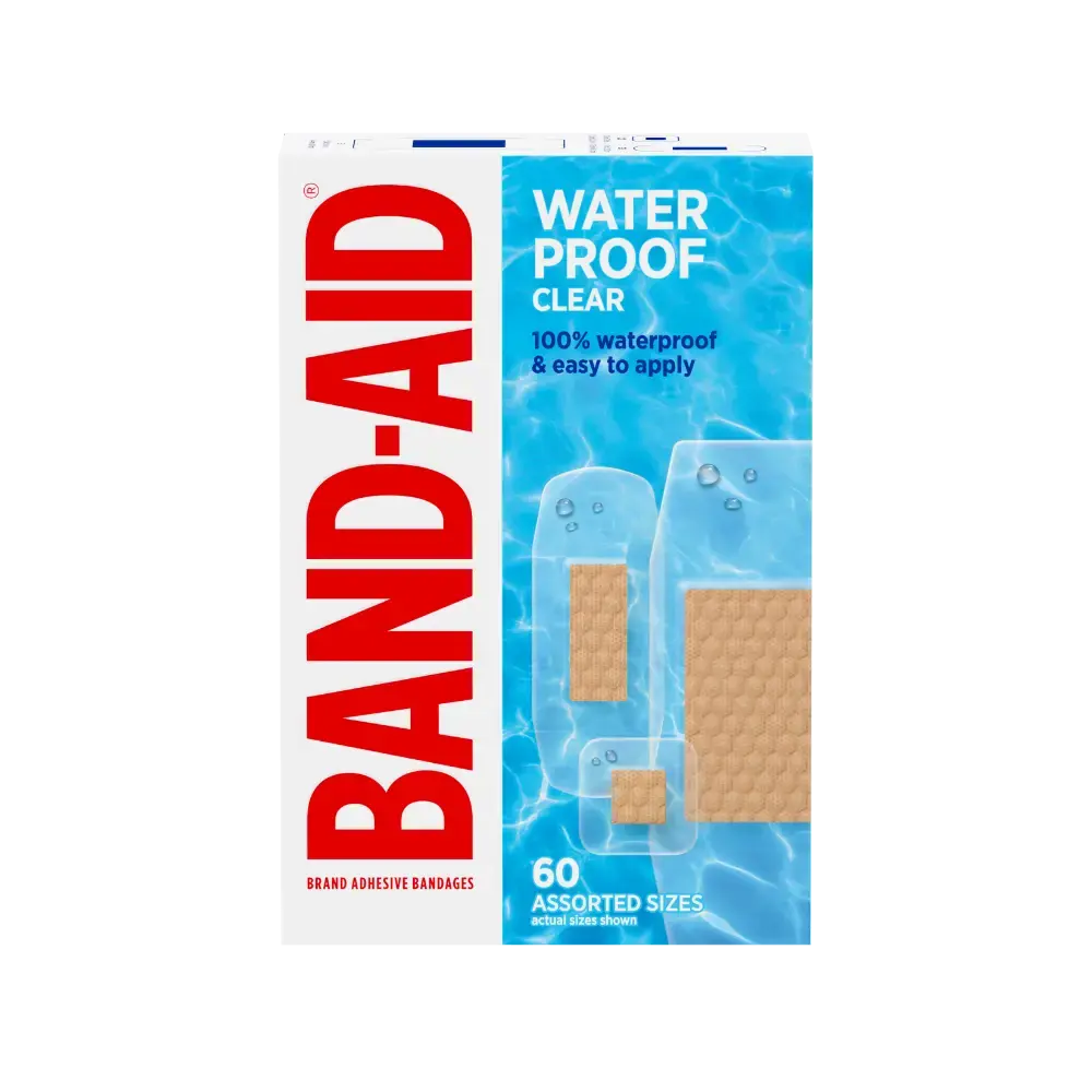 Behold a box of Band-Aid Brand Adhesive Bandages. The box is a crisp blue and white, proudly sporting the iconic Band-Aid logo. It touts water-proof, clear, and easy application features, with a generous offering of 60 bandages in assorted sizes.