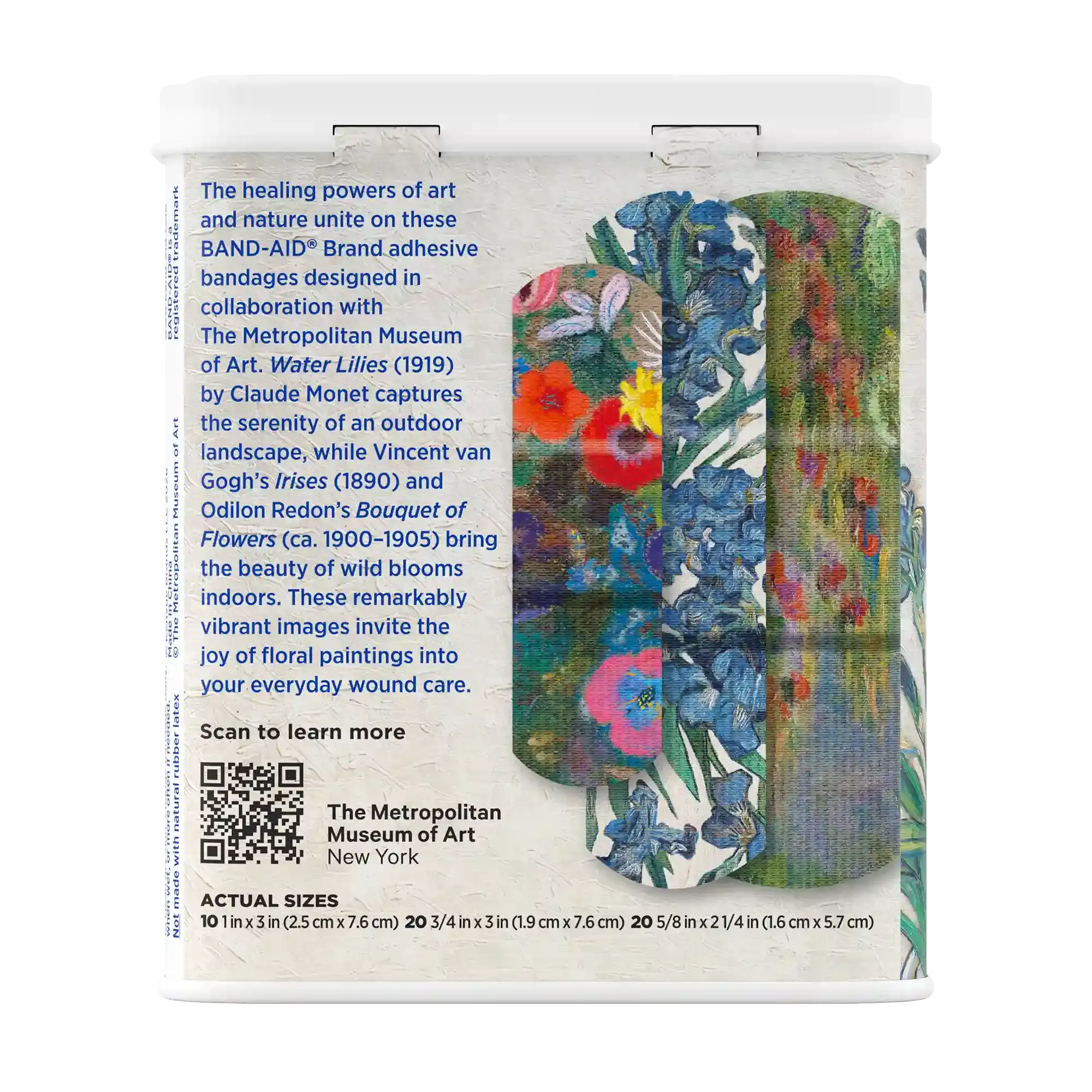 Back pack shot of BAND-AID® Brand Adhesive Bandages, Paintings by Monet, Redon & Van Gogh, Assorted 50 ct