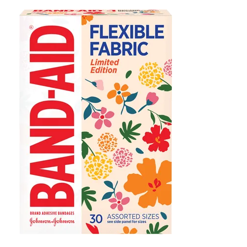 BAND-AID(R) Brand Adhesive Bandages Flexible Fabric Featuring Wildflower Prints, Front of Pack