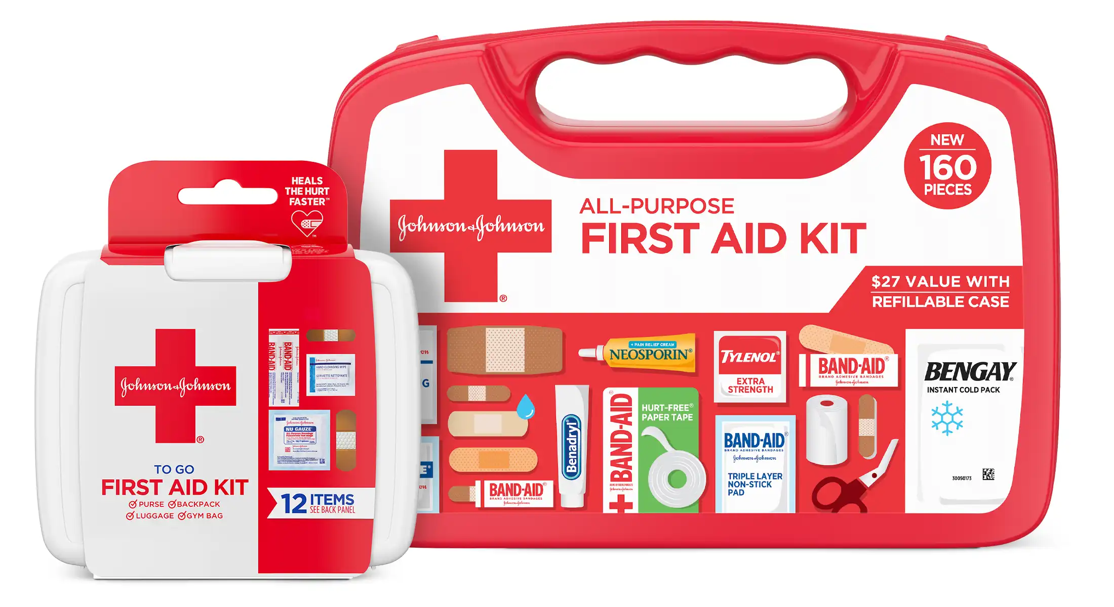 Two Band-Aid Brand first aid kits: a larger all-purpose kit with 160 pieces and a smaller to-go kit with 12 essentials, including band-aids, gauze, antiseptic, and medical tape.