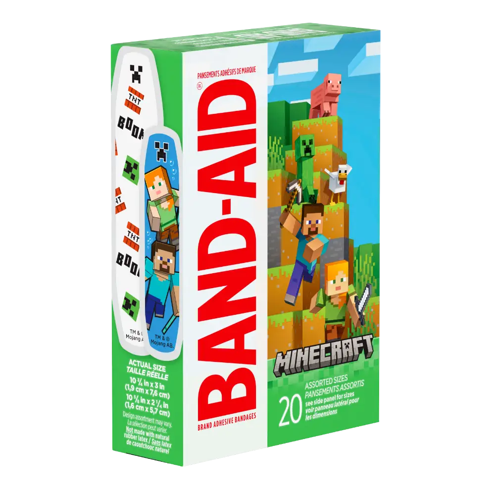 Behold, a box of Band-Aid brand adhesive bandages, dressed in the vibrant hues of Minecraft, with Steve, Alex, a Creeper, and a pixelated pig gracing the cover. Inside, you'll find 20 assorted sizes of bandages, ready for any adventure.