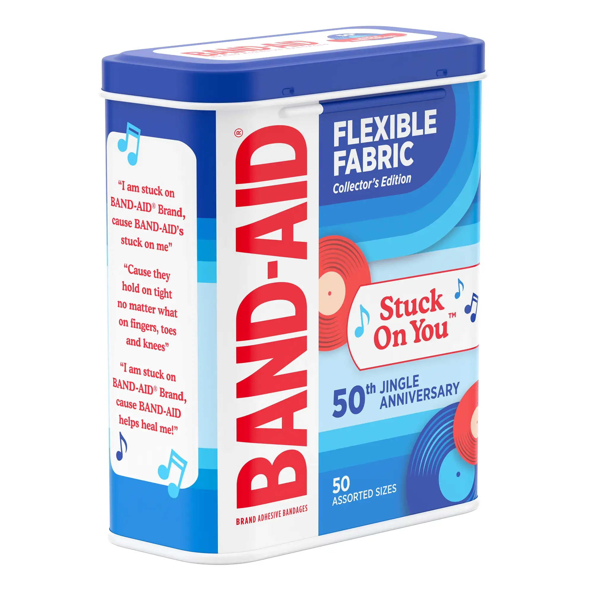 BAND-AID ® Brand Flexible Fabric Adhesive Bandages in a collectable Jingle Anniversary metal tin front of package 2