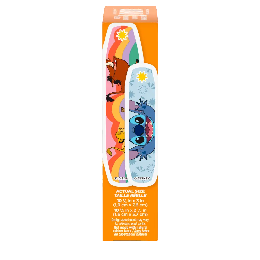 Disney-themed bandages feature Stitch and Simba designs in two sizes: 10 3/8 in x 3 in and 10 5/8 in x 2 1/4 in. The box notes that design assortments may surprise you and they are latex-free.