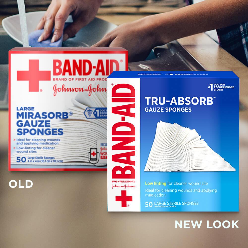 Old vs new look of BAND-AID® Brand TRU-ABSORB™ Gauze Sponges