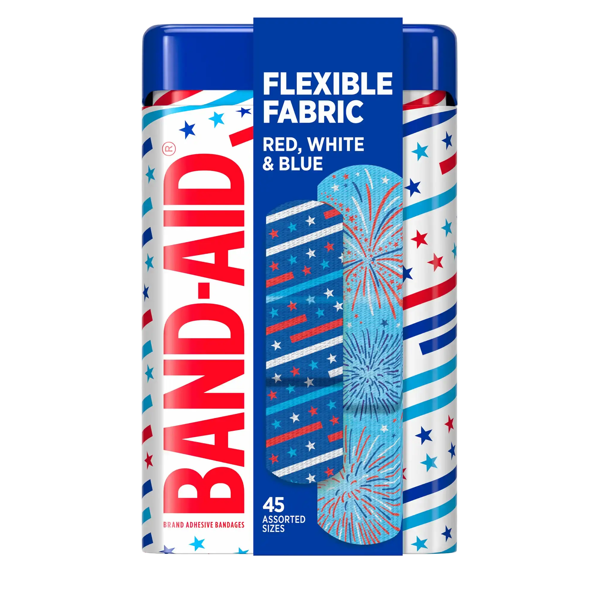 Front pack shot of BAND-AID® Brand Flexible Fabric Stars n Stripes Tin 45ct