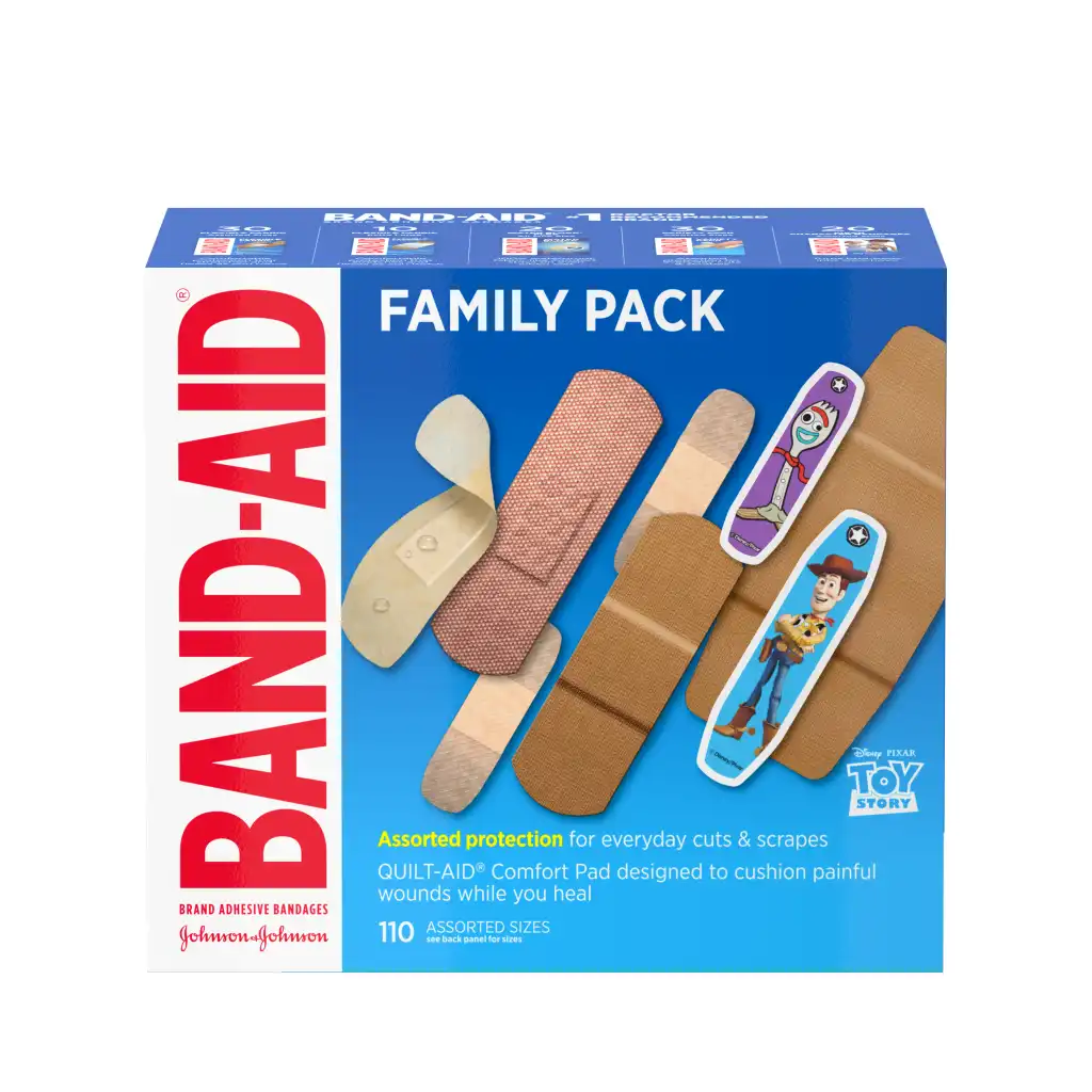 Band-Aid Family Pack with 110 assorted bandages, including options for kids, providing protection for cuts and scrapes with QUILT-AID Comfort Pad for cushioning.