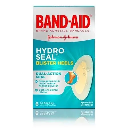 Band-Aid Hydro Seal Blister Heels box, featuring a dual-action seal to keep germs out and body's natural healing power in, with cushioning for painful blisters. Contains 6 hydrocolloid gel bandages in one size.
