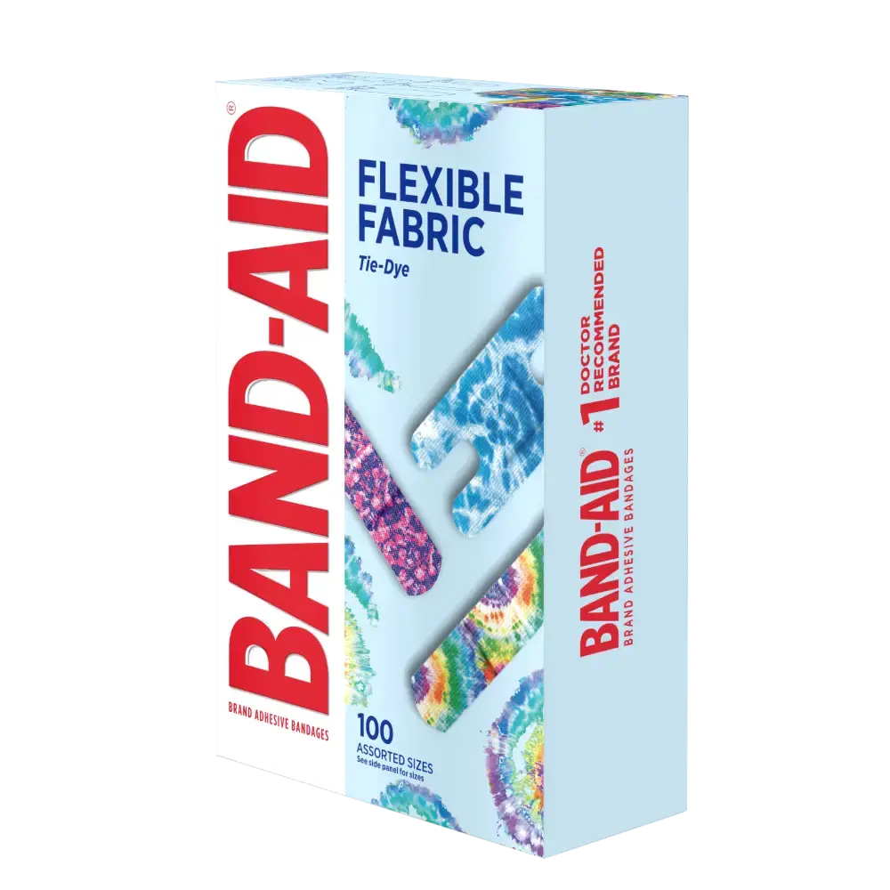A box of 100 Band-Aid Brand adhesive bandages. The bandages are flexible fabric with a tie-dye pattern in assorted colors and sizes