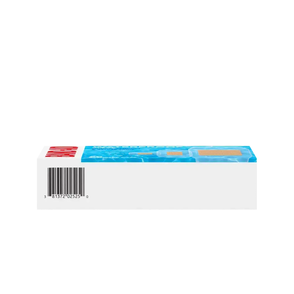 Behold, the base of the Band-Aid Brand Waterproof Adhesive Bandages box, a sea of light blue with a splash of water and two bandages. There's a barcode: 3 81372 02525 0, and some fine print.