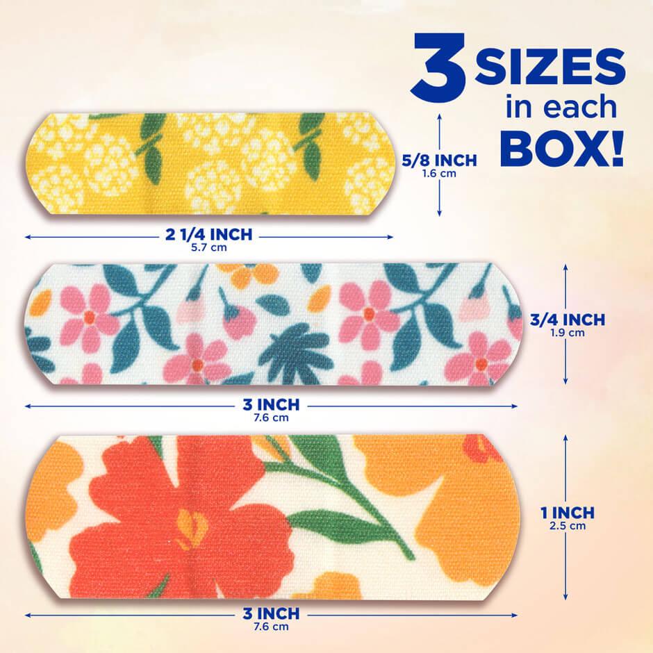 Measurements of the three different bandage sizes that come in each box